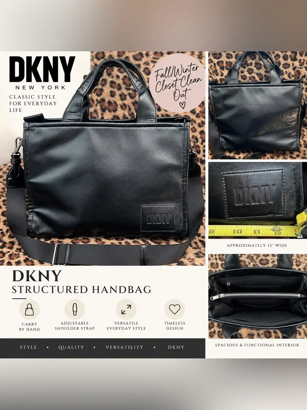 DKNY Black Leather Messenger Tote with Adjustable Strap